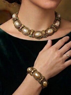 Vintage Antique Gold and Pearl Statement Necklace and Bracelet Set